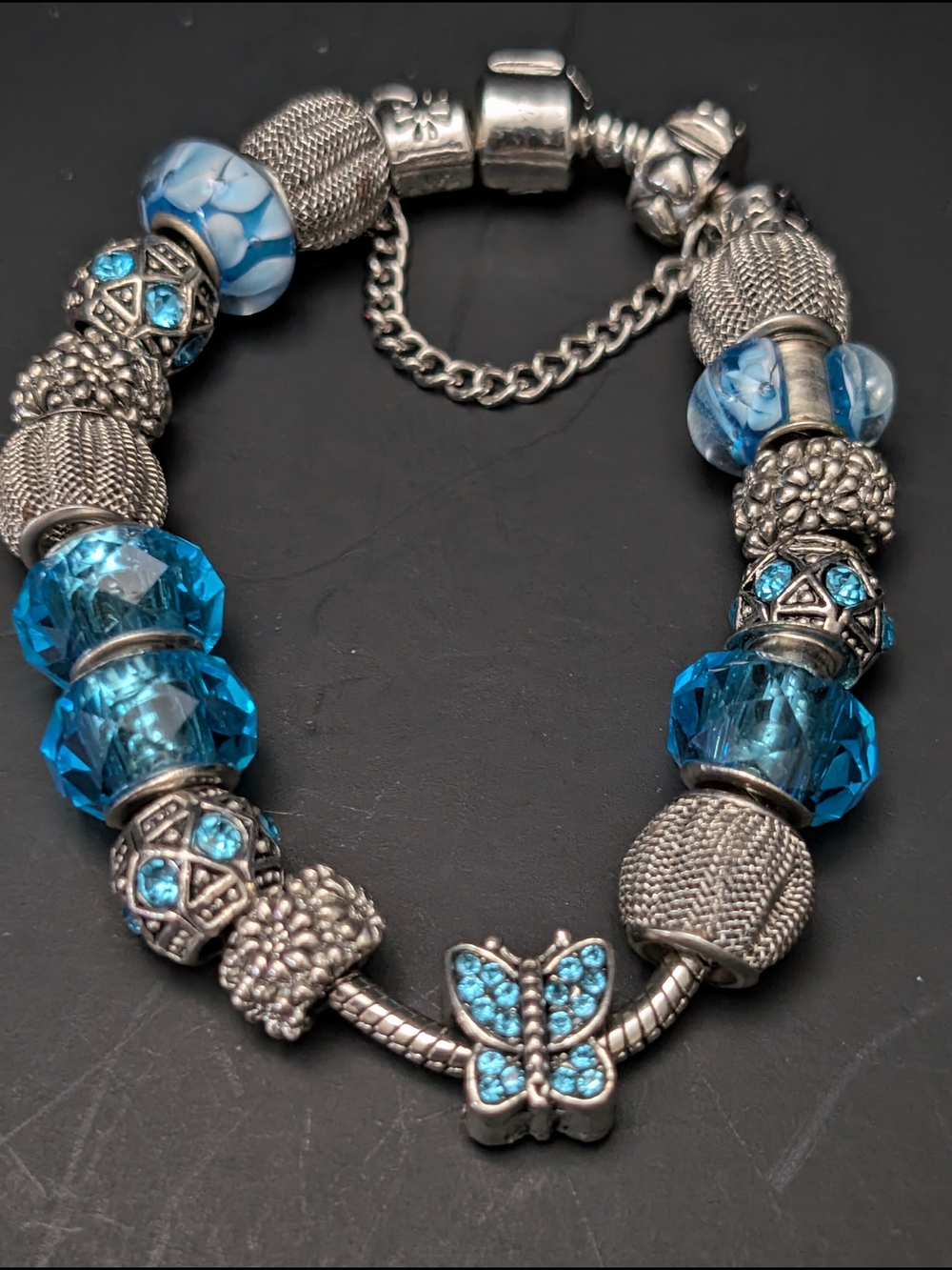 Sterling Silver Blue Crystal Butterfly Charm Bracelet - Unknown Brand